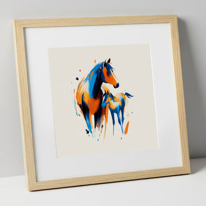 Azure and Amber Bond mare & foal art print in natural frame