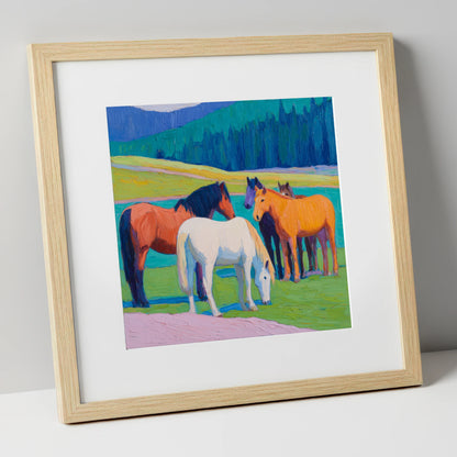 Vivid Pasture Herd horse landscape art print in natural frame