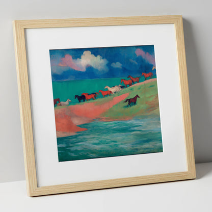 Spirited Coastal Herd wild horses art print in natural frame