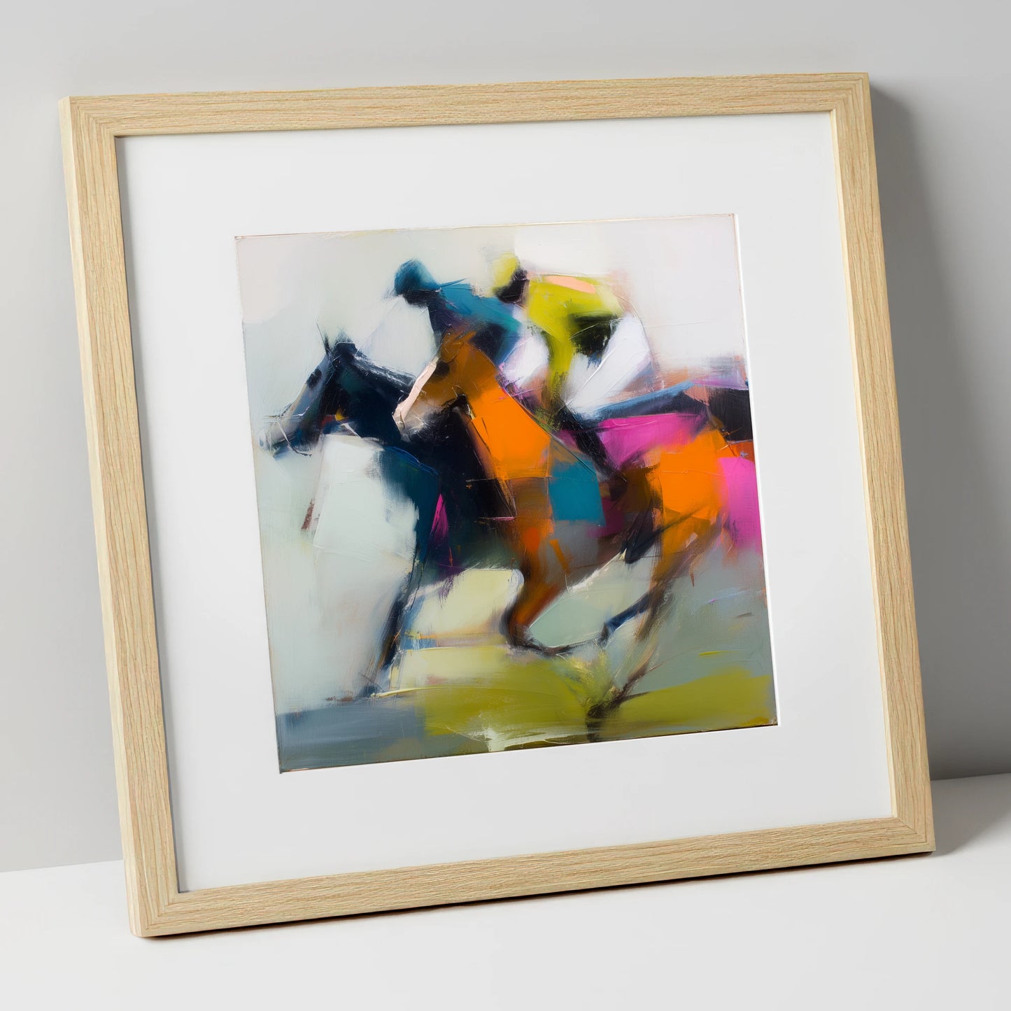 Velocity in Colour racing horse art print in natural frame