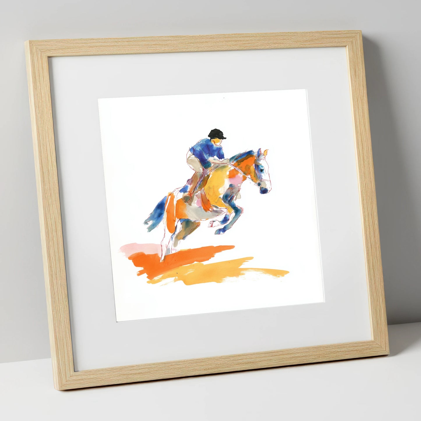 Vibrant Flight show jumping horse art print in natural frame
