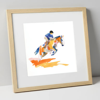 Vibrant Flight show jumping horse art print in natural frame