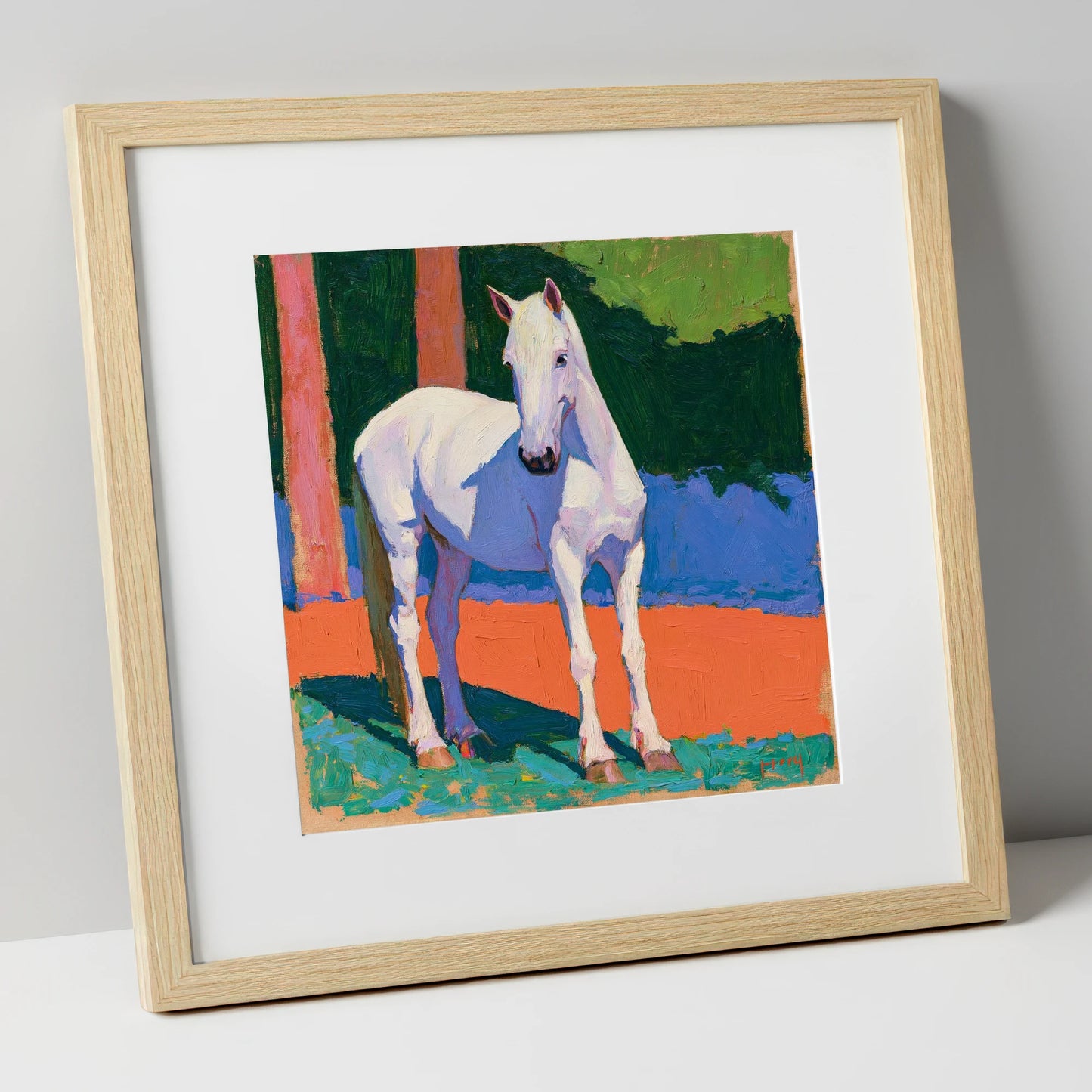 Vibrant Painted Grey Horse horse breed art print in natural frame
