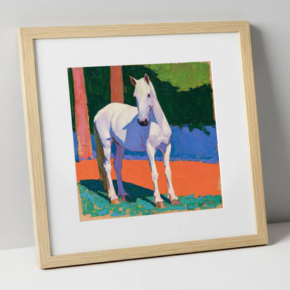 Vibrant Painted Grey Horse horse breed art print in natural frame