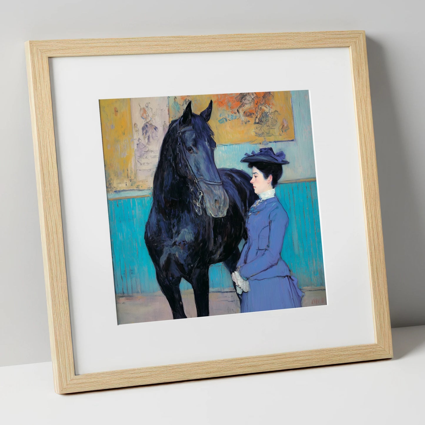 Elegant Acquaintance horse & rider art print in natural frame