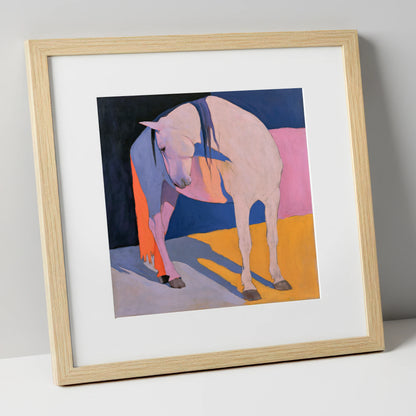 Vibrant Colour Block White Horse horse breed art print in natural frame