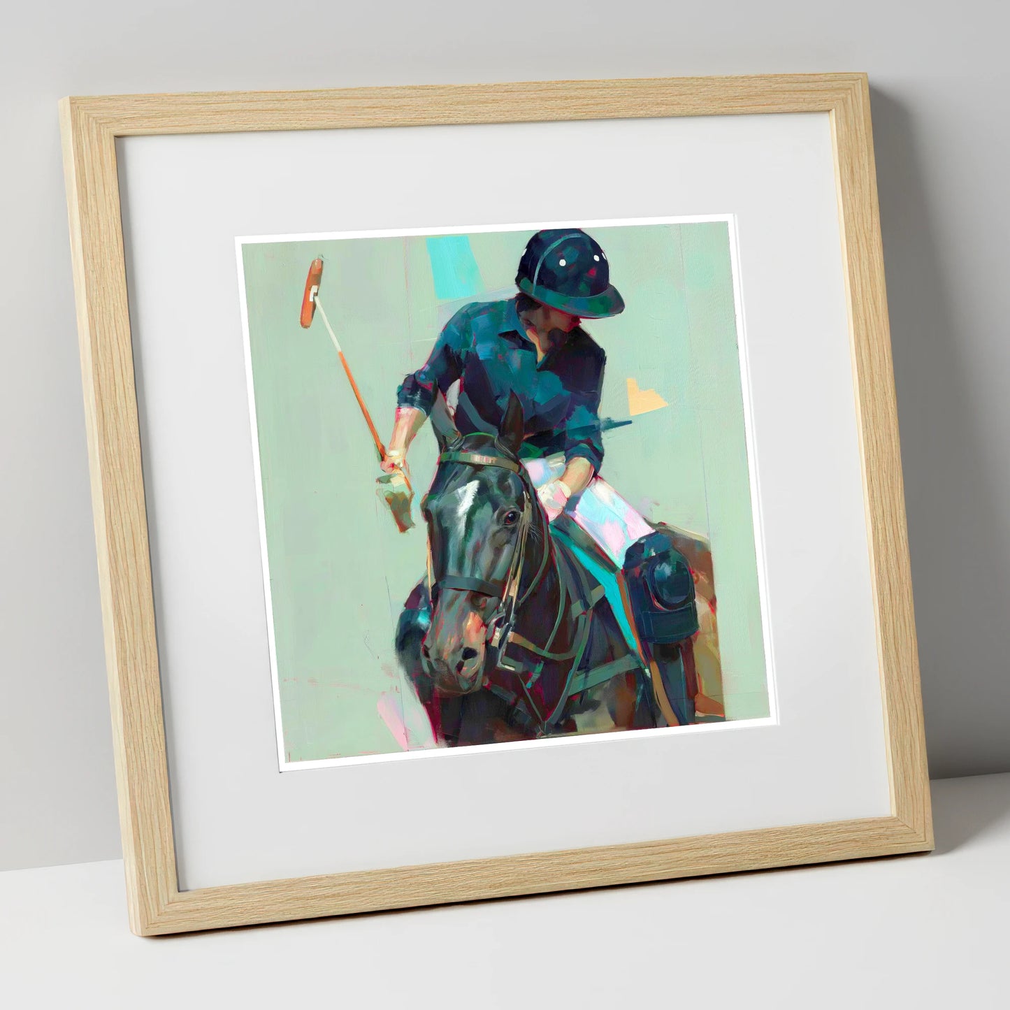 The Decisive Strike polo horse art print in natural frame
