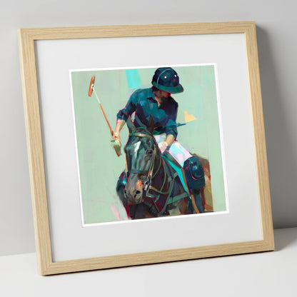 The Decisive Strike polo horse art print in natural frame