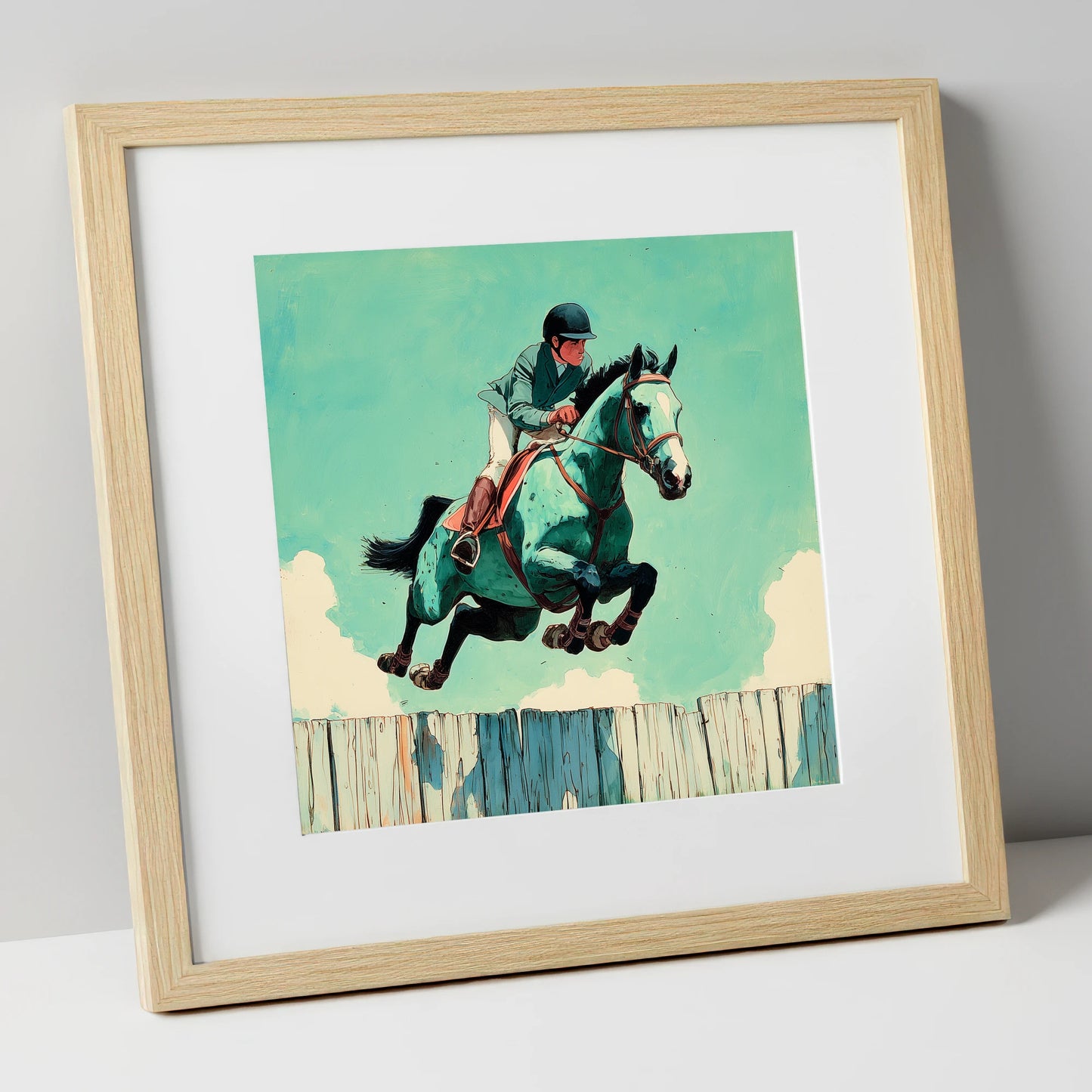 Teal Airborne Leap show jumping horse art print in natural frame