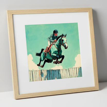 Teal Airborne Leap show jumping horse art print in natural frame