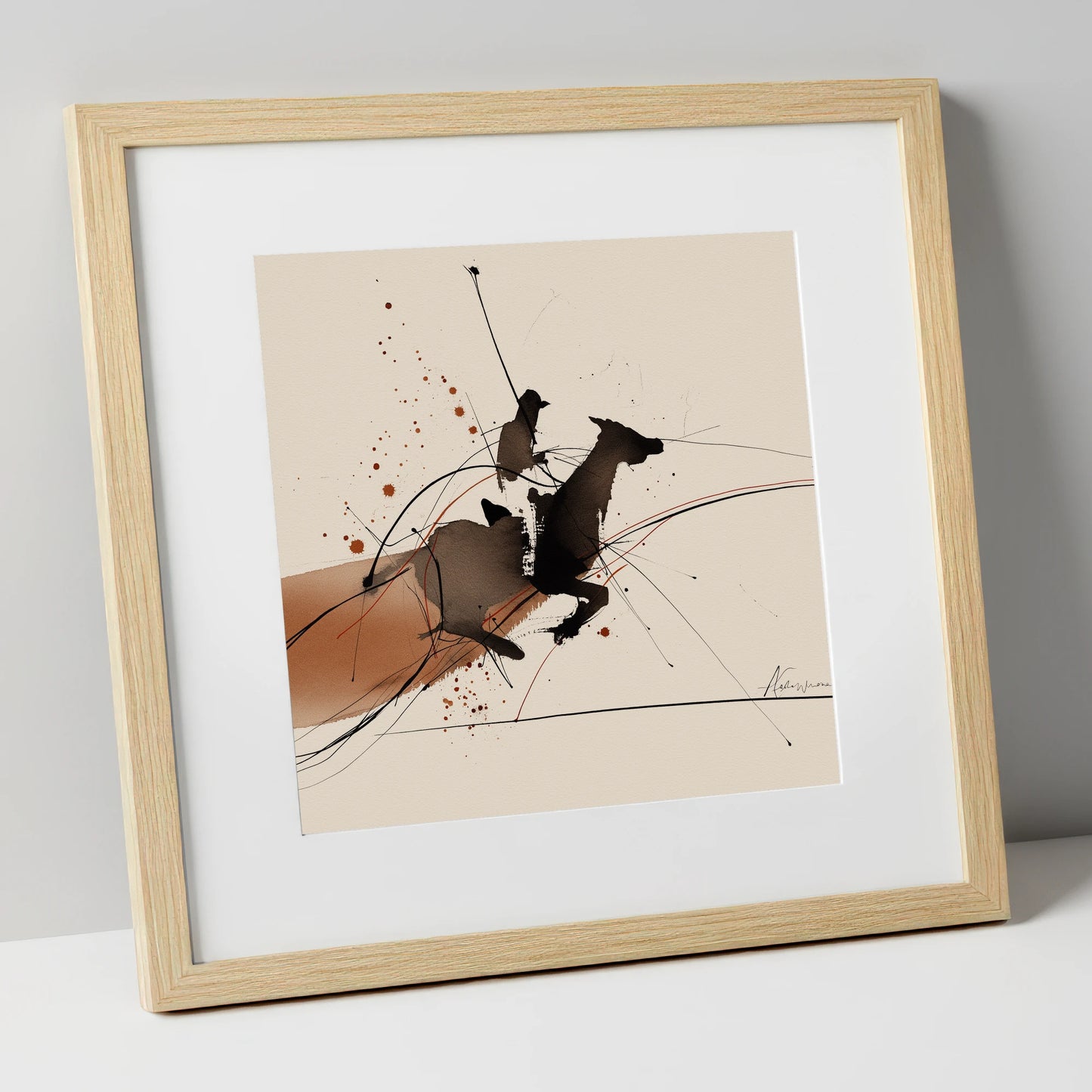 Forward Momentum horse & rider art print in natural frame