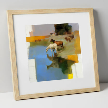 Cerulean Reflections wild horses art print in natural frame
