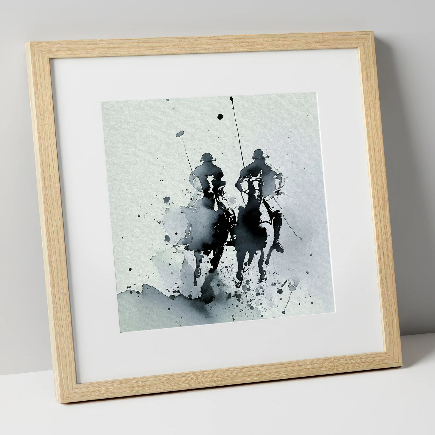 Thundering Polo Pursuit polo horse art print in natural frame