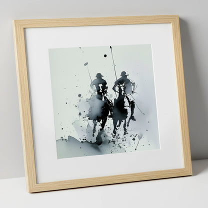 Thundering Polo Pursuit polo horse art print in natural frame