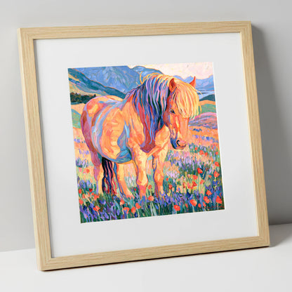 Colourful Horse in Wildflower Meadow horse breed art print in natural frame