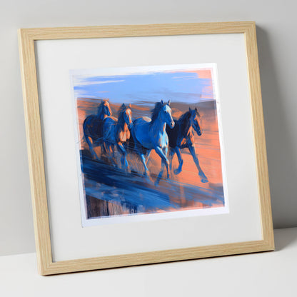 Cobalt Horizon Herd wild horses art print in natural frame