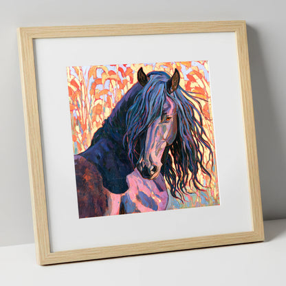 Colourful Friesian Horse Portrait horse breed art print in natural frame