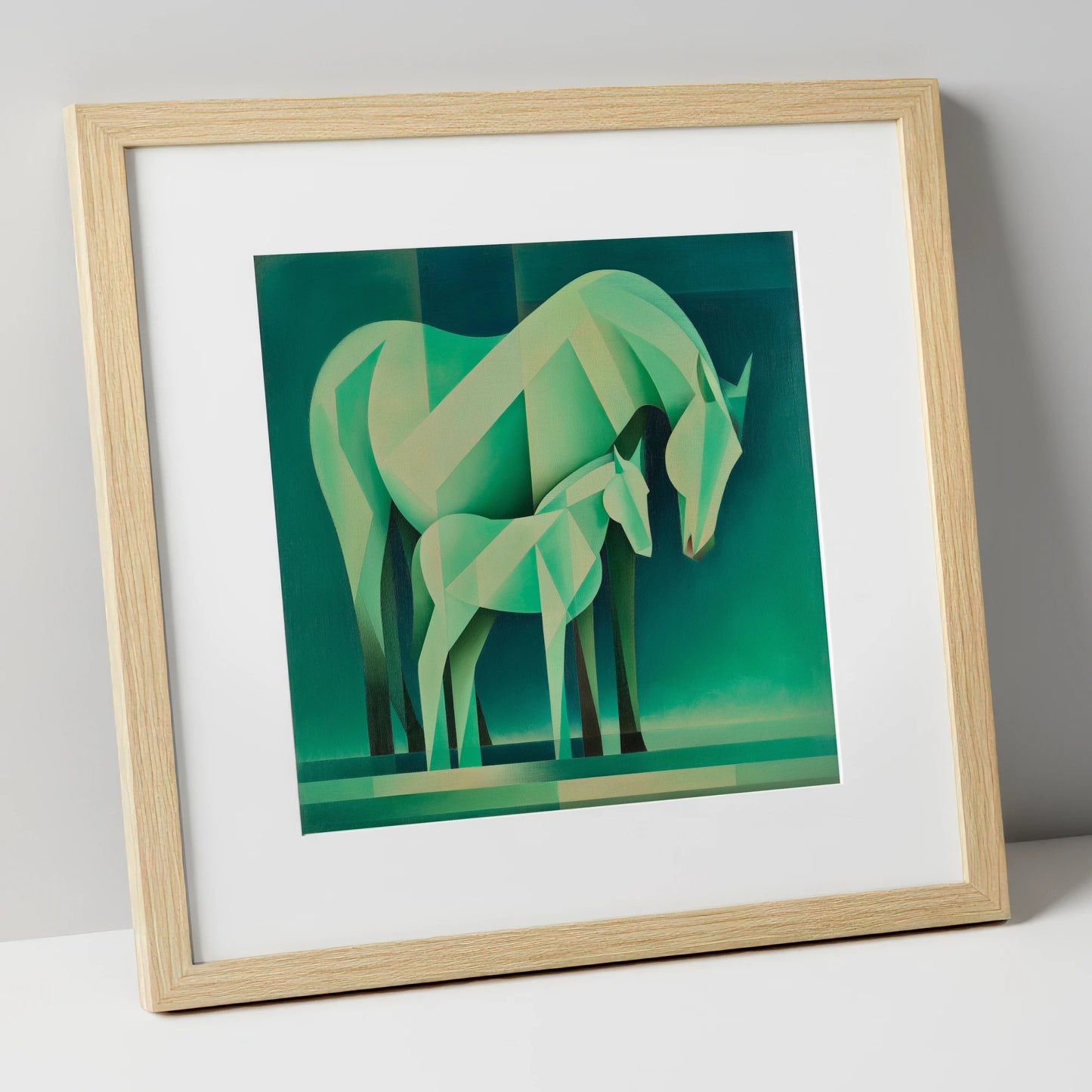 Verdant Harmony mare & foal art print in natural frame