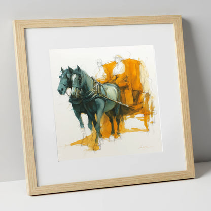 The Amber Carriage Pair working horse art print in natural frame