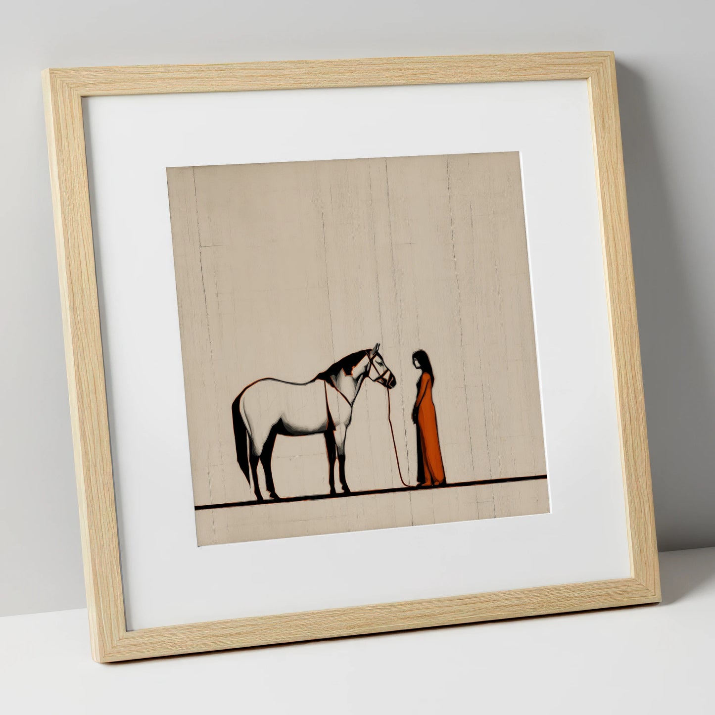 The Shared Silence horse & rider art print in natural frame