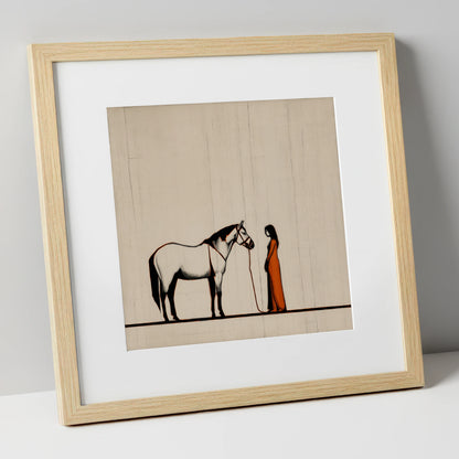 The Shared Silence horse & rider art print in natural frame