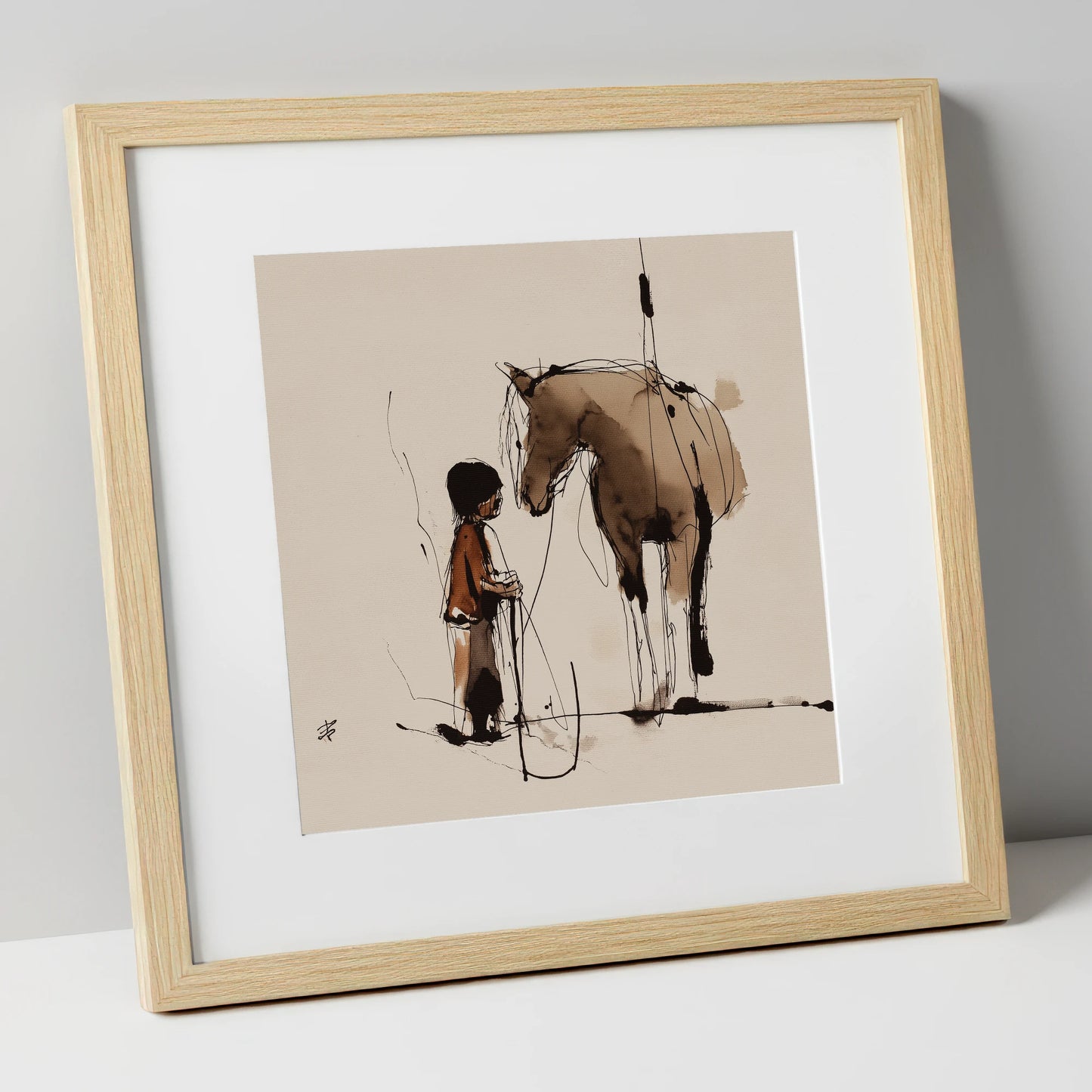 The Silent Bond horse & rider art print in natural frame