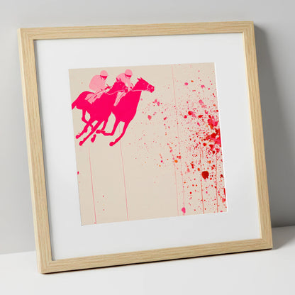 Vibrant Photo Finish racing horse art print in natural frame
