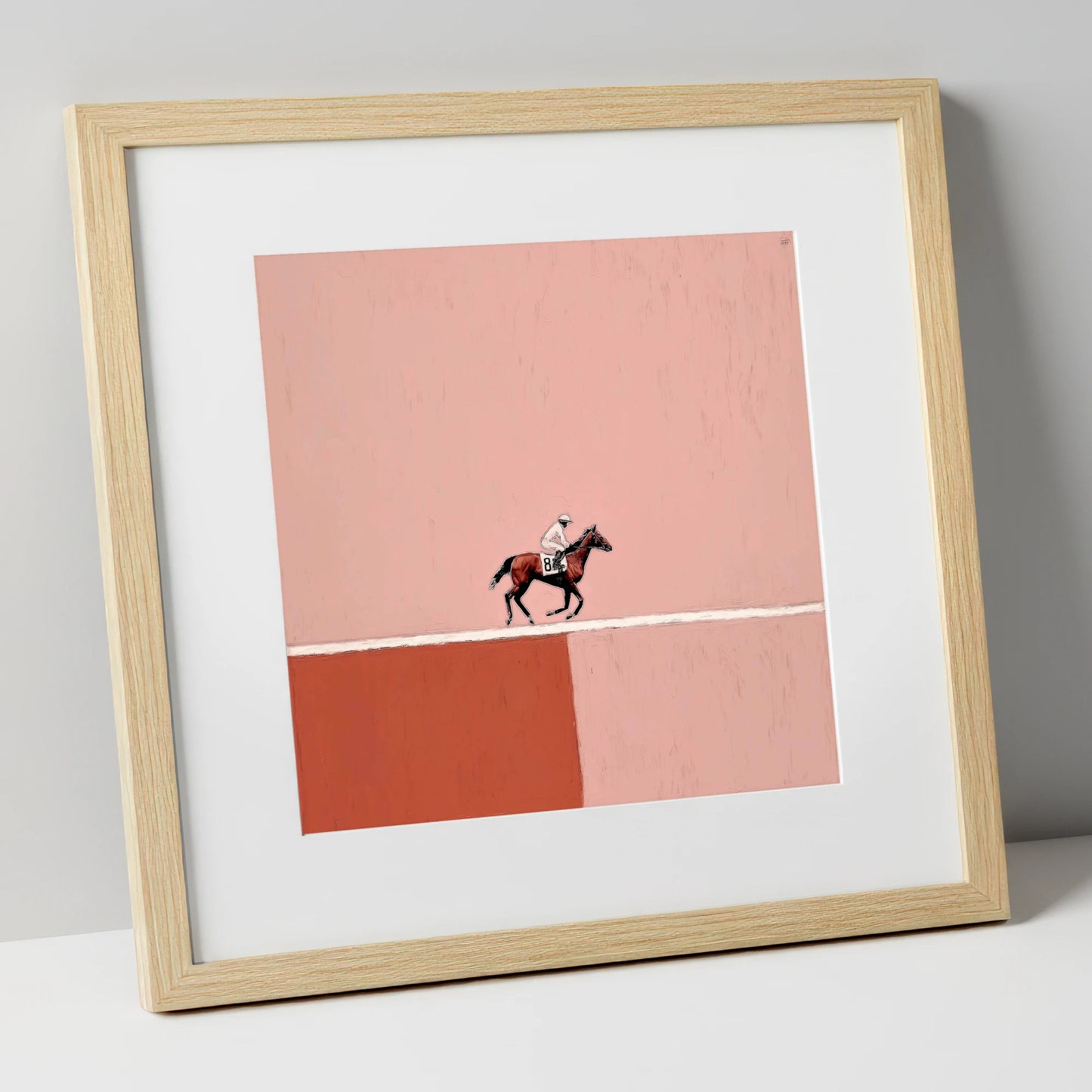 Dusty Rose Gallop racing horse art print in natural frame