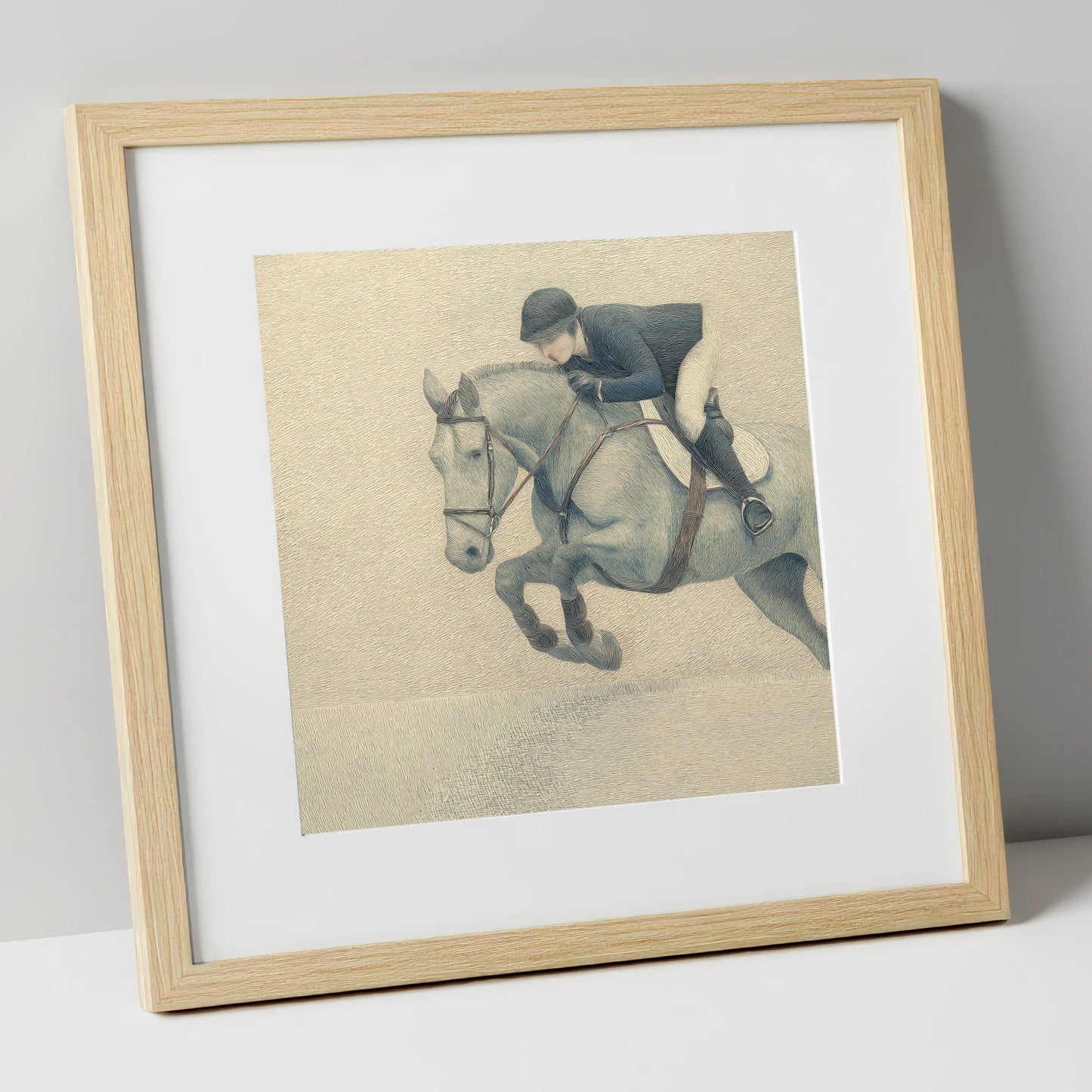 Suspended Flight show jumping horse art print in natural frame