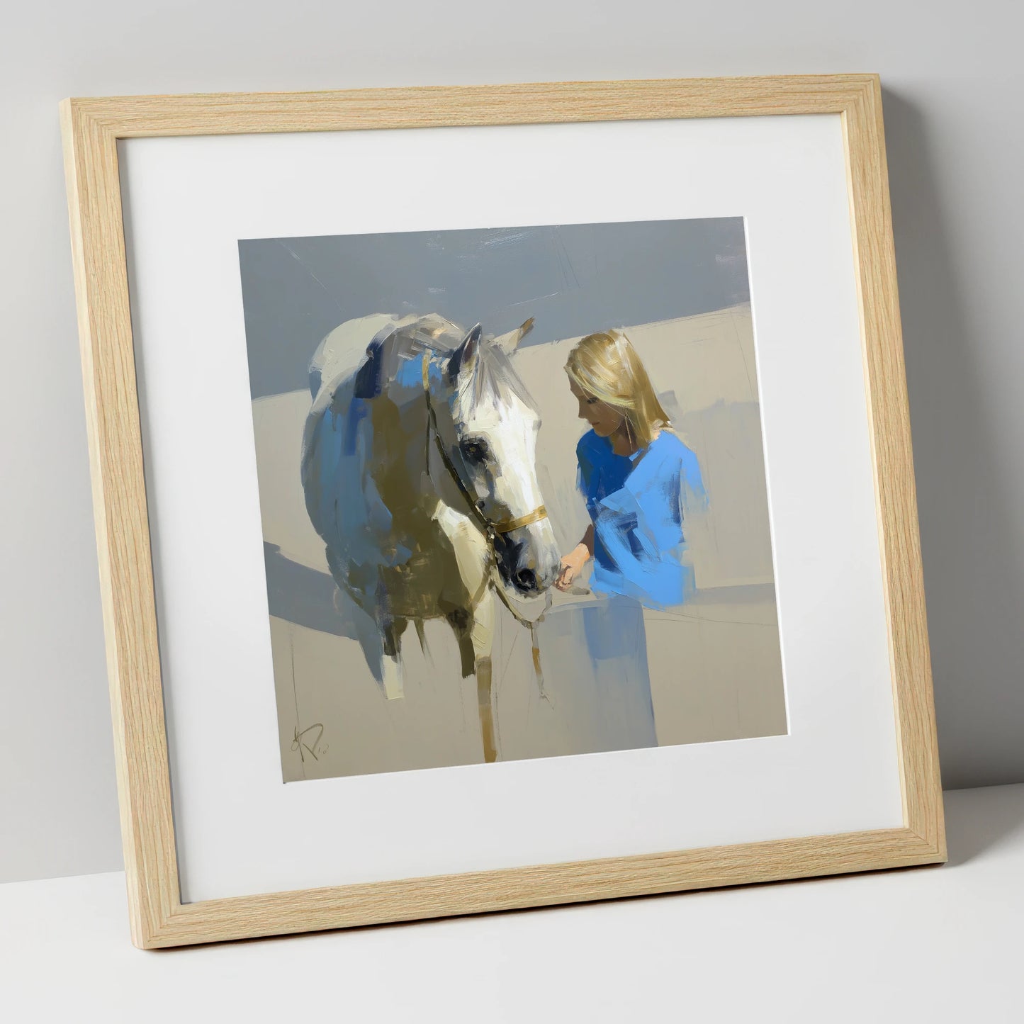 Quiet Connection horse & rider art print in natural frame