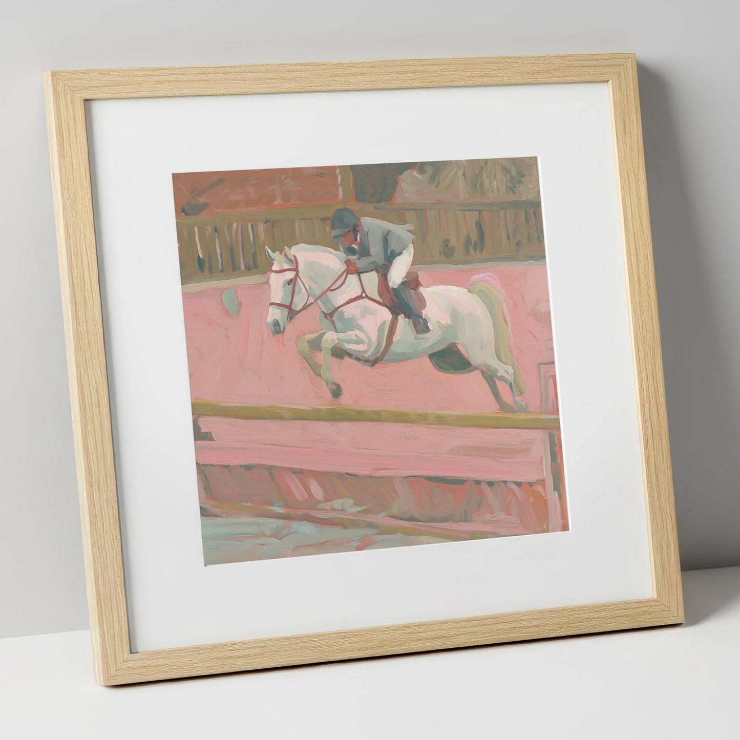 Flight in Dusty Pink show jumping horse art print in natural frame