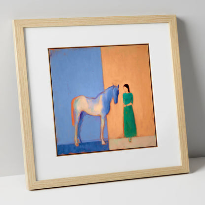The Silent Dialogue horse & rider art print in natural frame