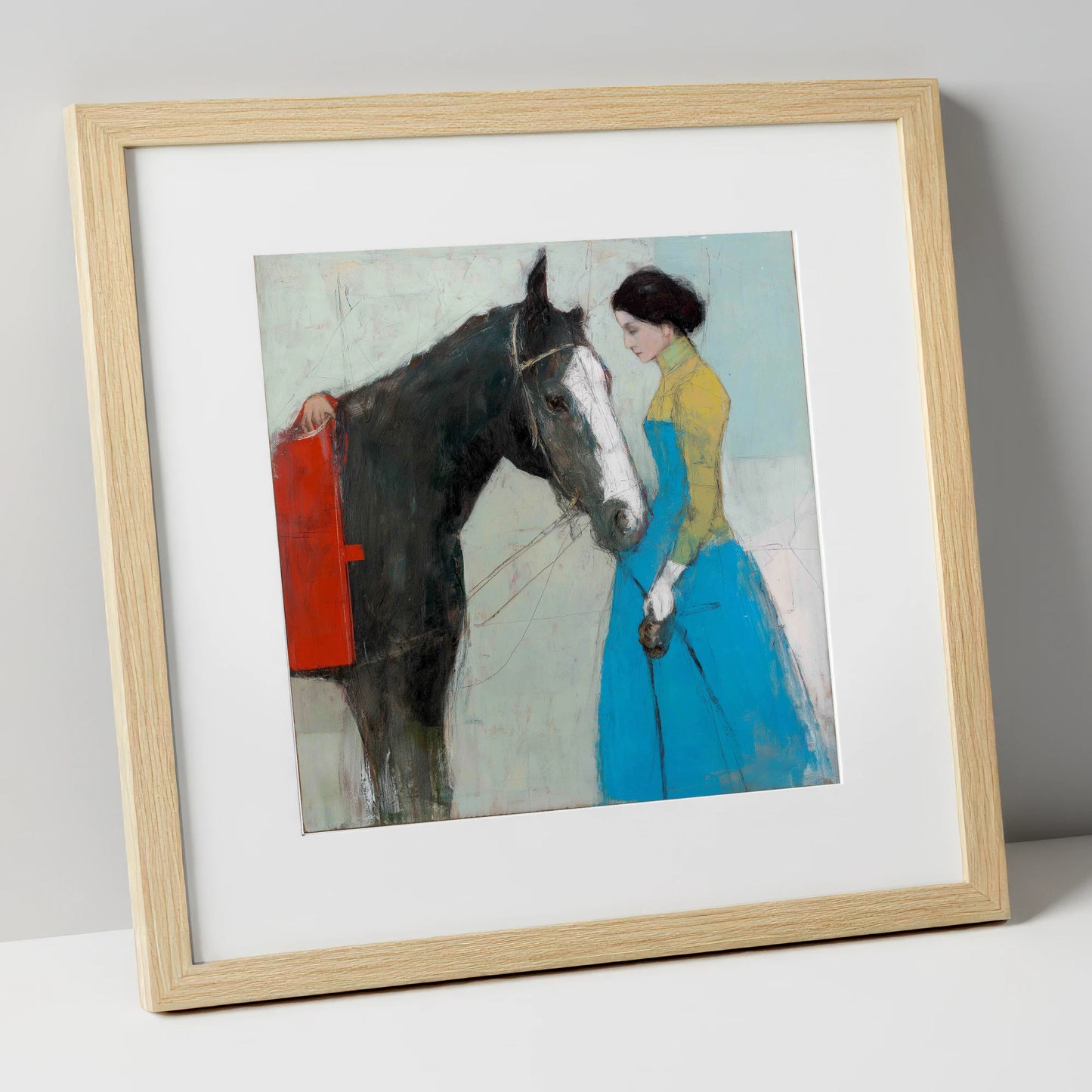 Quiet Connection horse & rider art print in natural frame