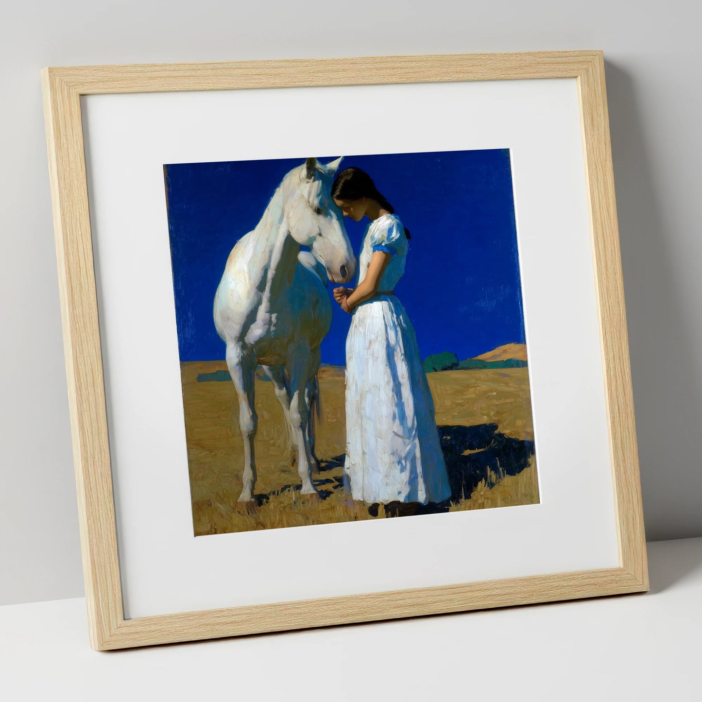 Sunlit Serenity horse & rider art print in natural frame
