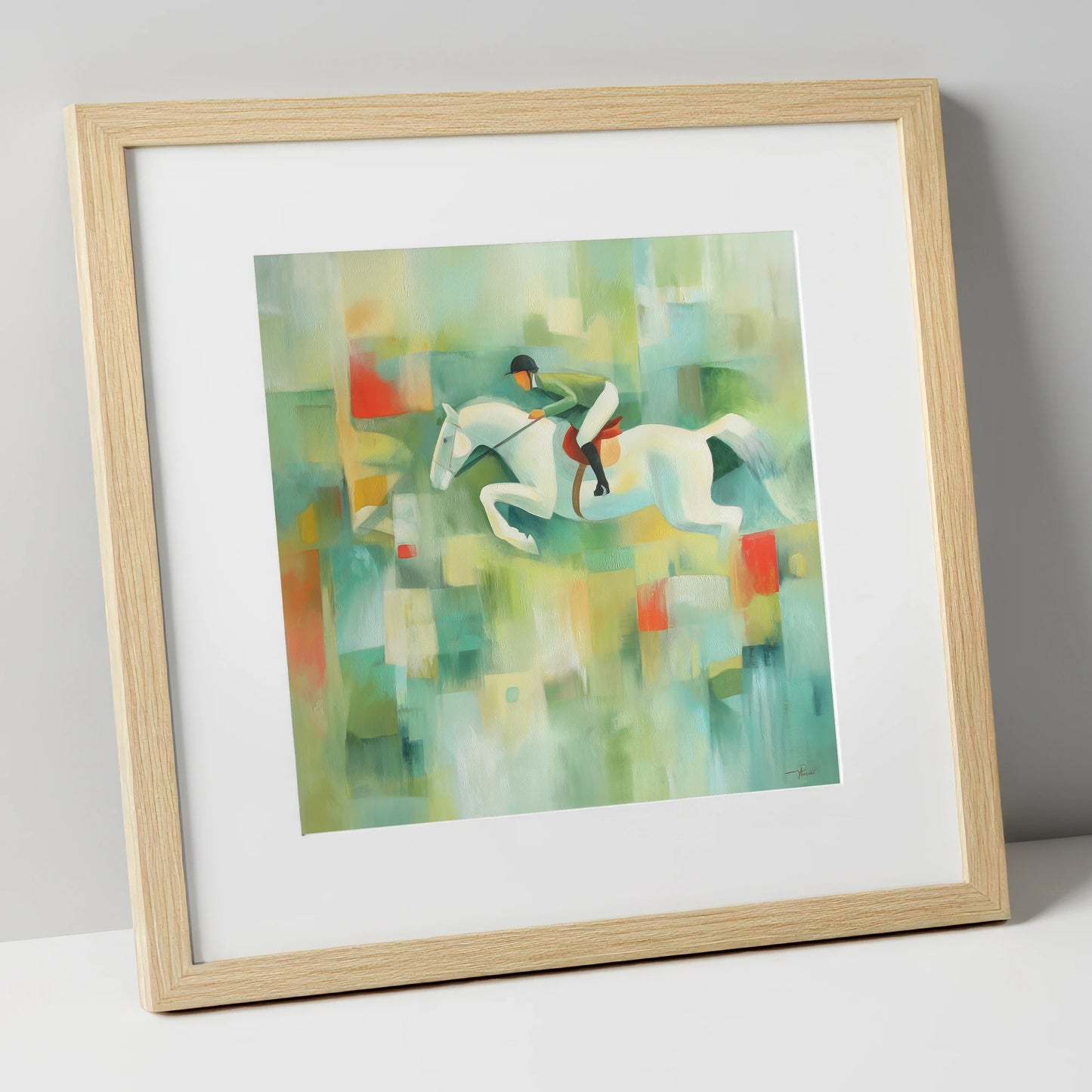 The Modern Leap show jumping horse art print in natural frame