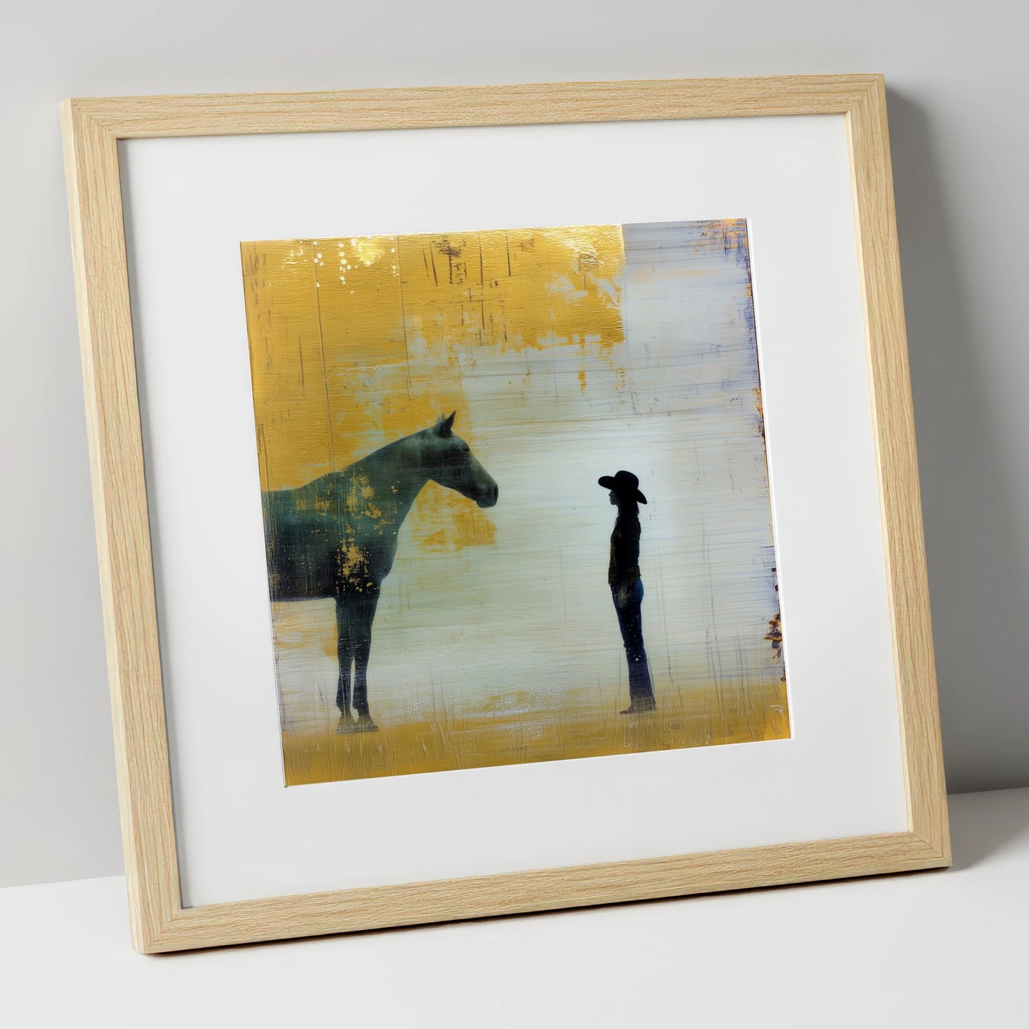 Golden Western Silhouette western horse art print in natural frame