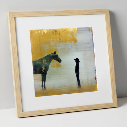 Golden Western Silhouette western horse art print in natural frame