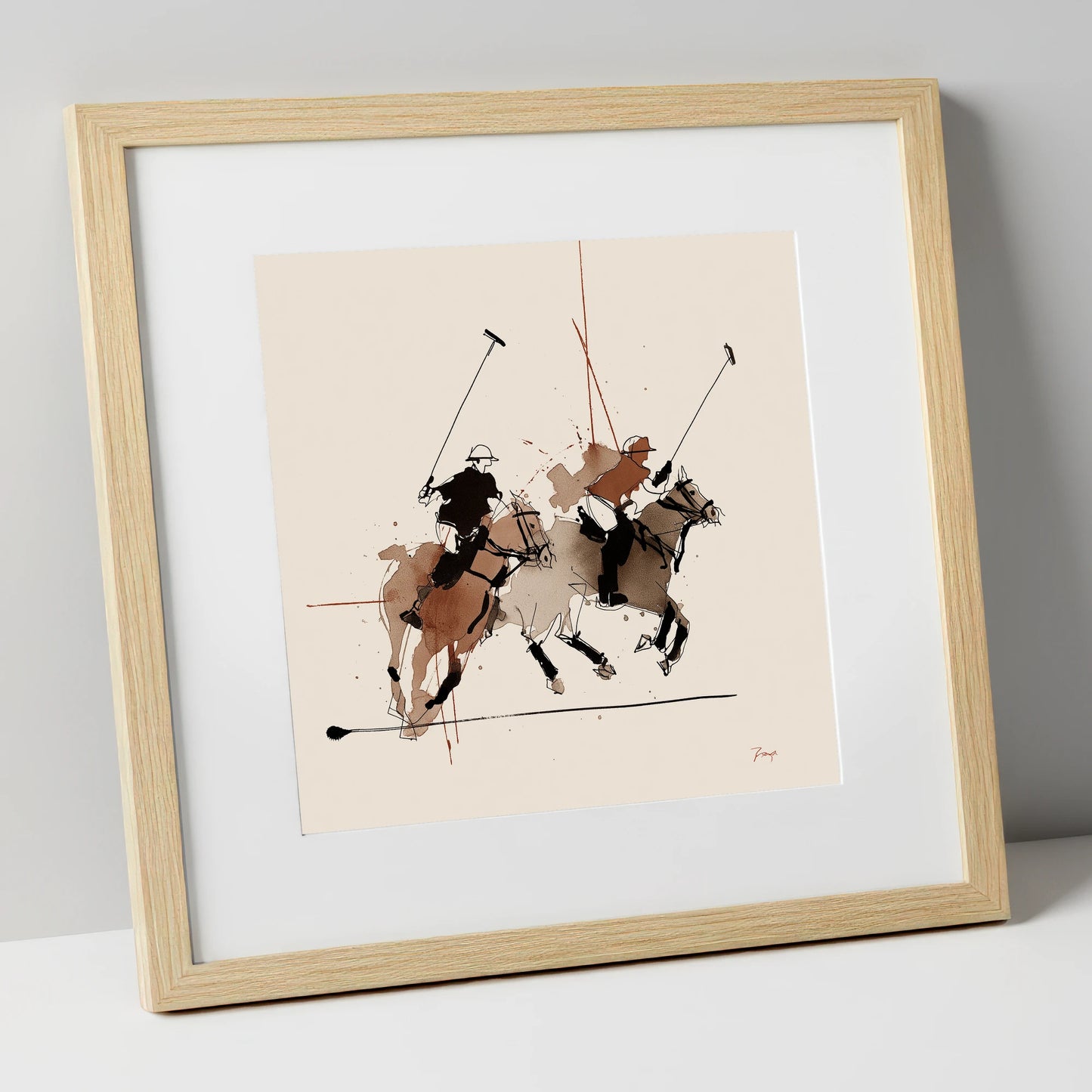 Midfield Charge polo horse art print in natural frame