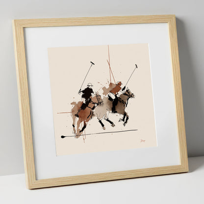 Midfield Charge polo horse art print in natural frame