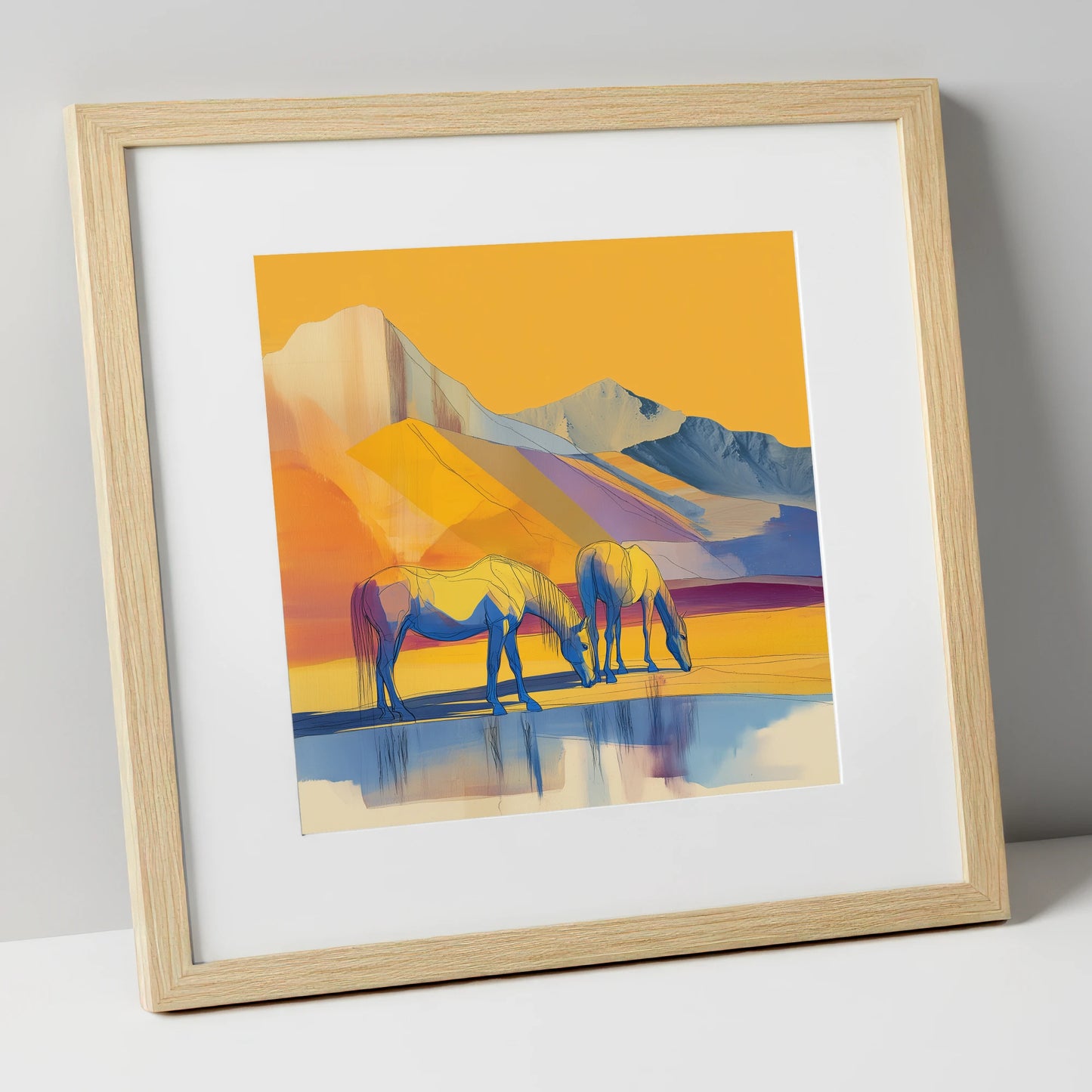 Golden Mountain Pasture horse landscape art print in natural frame