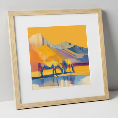 Golden Mountain Pasture horse landscape art print in natural frame