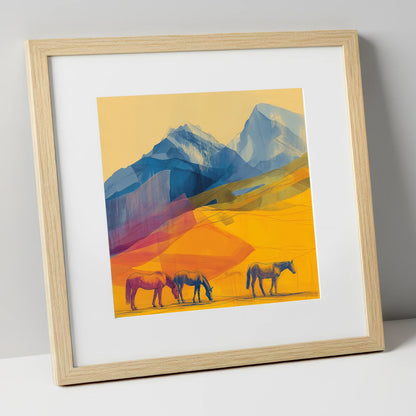 Golden Mountain Pasture horse landscape art print in natural frame