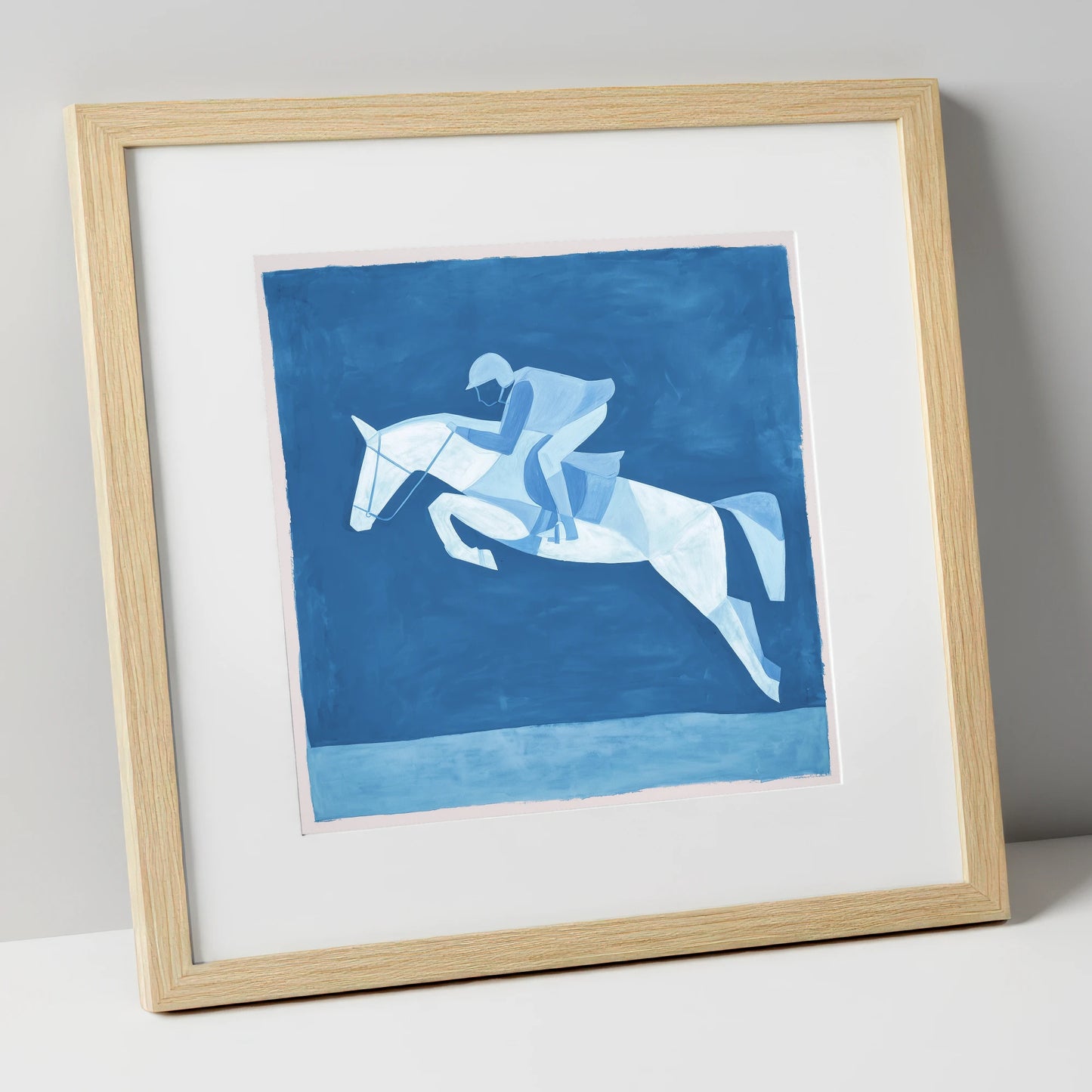 Sapphire Leap show jumping horse art print in natural frame