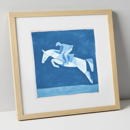 Sapphire Leap show jumping horse art print in natural frame