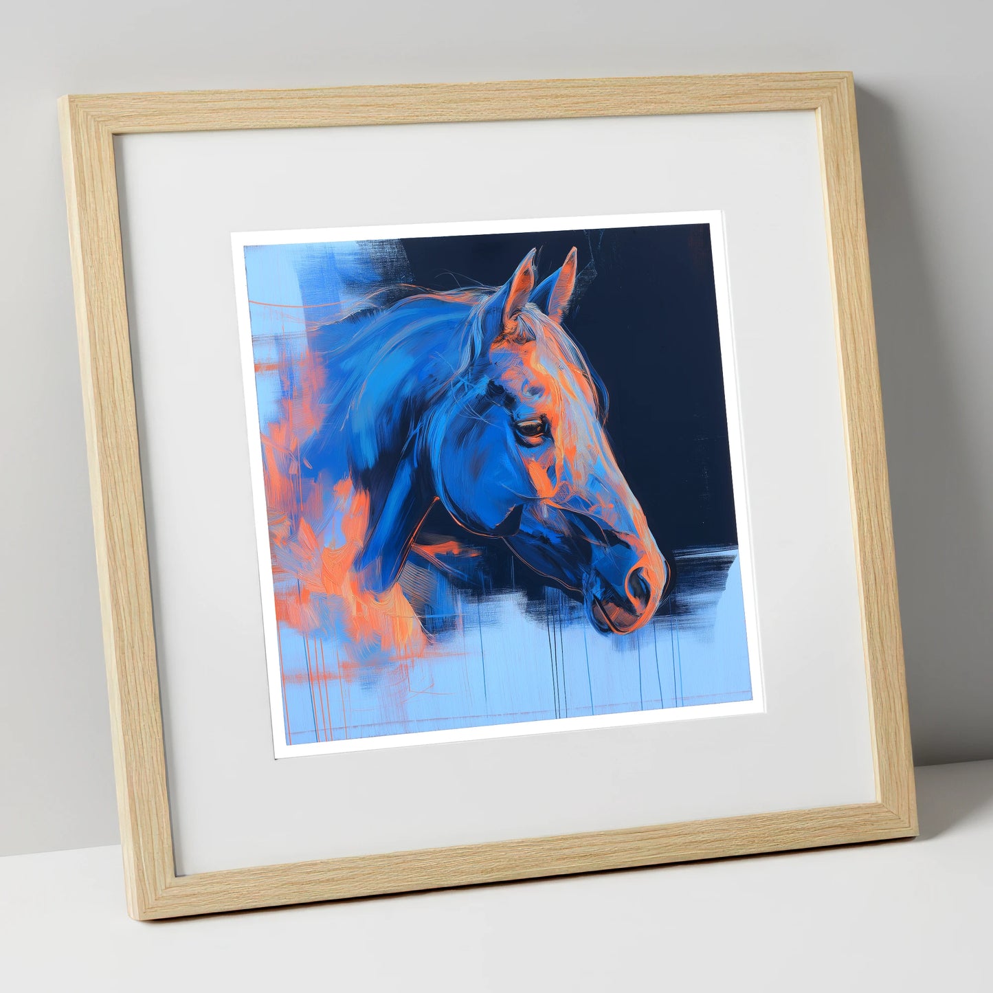 Expressive Cobalt Profile horse portrait art print in natural frame