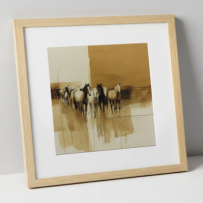 Sepia Herd Advancing wild horses art print in natural frame