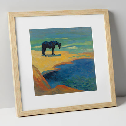 Vibrant Coastal Solitude horse landscape art print in natural frame