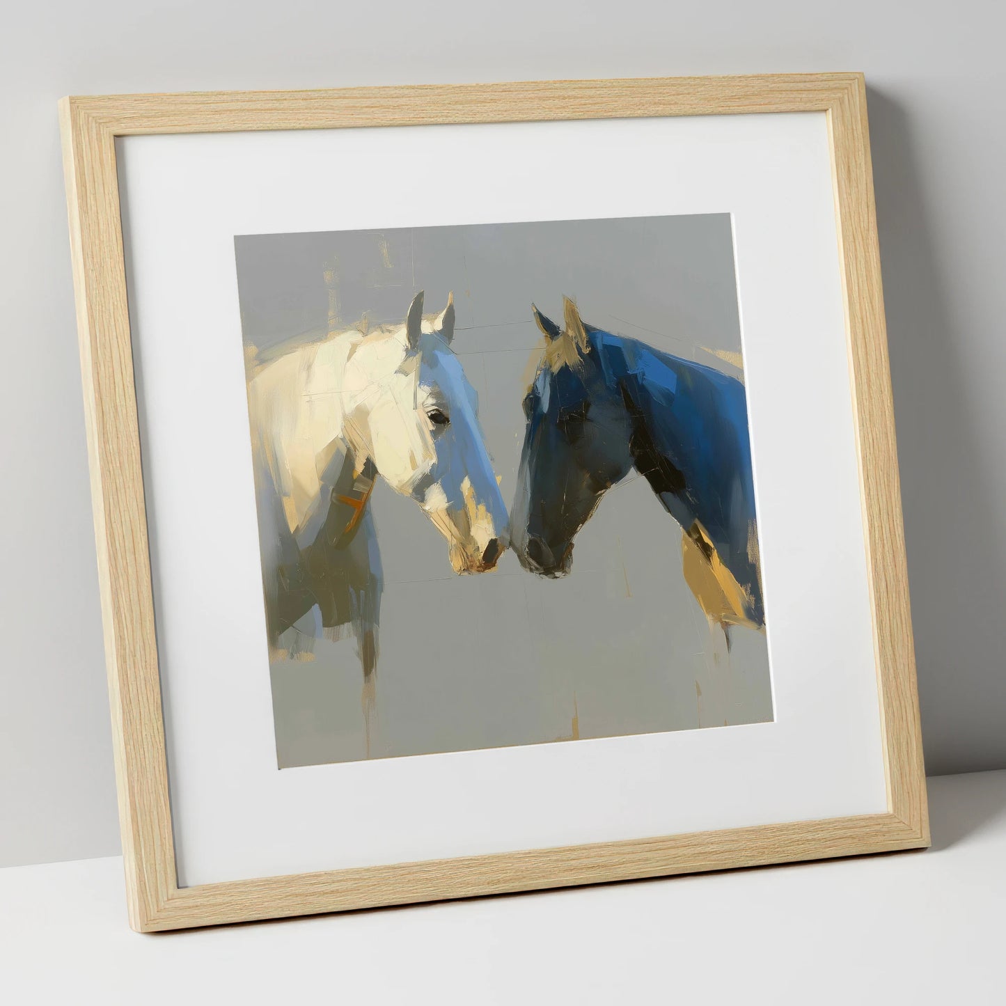 Quiet Encounter horse portrait art print in natural frame