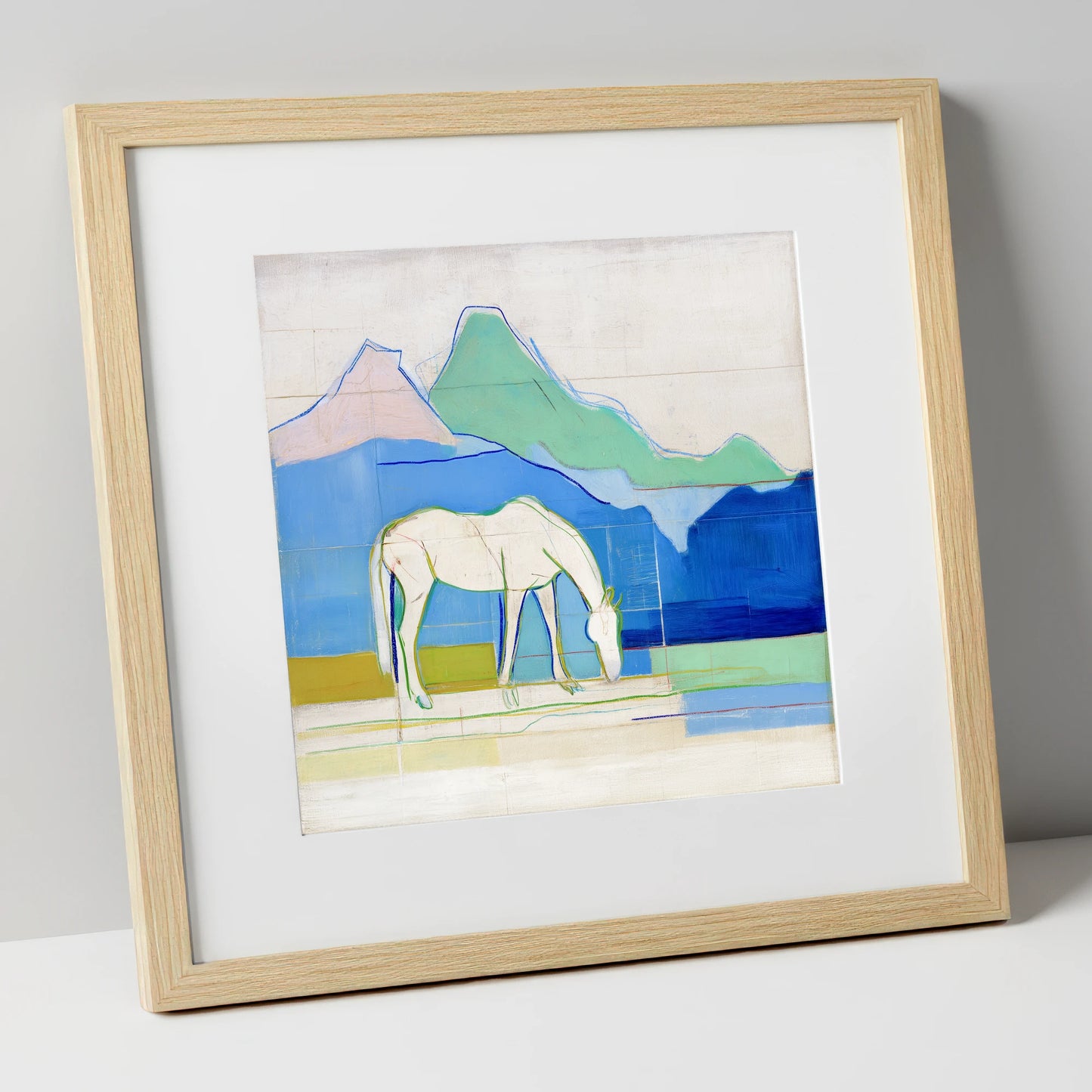 Abstract Azure Meadow horse landscape art print in natural frame
