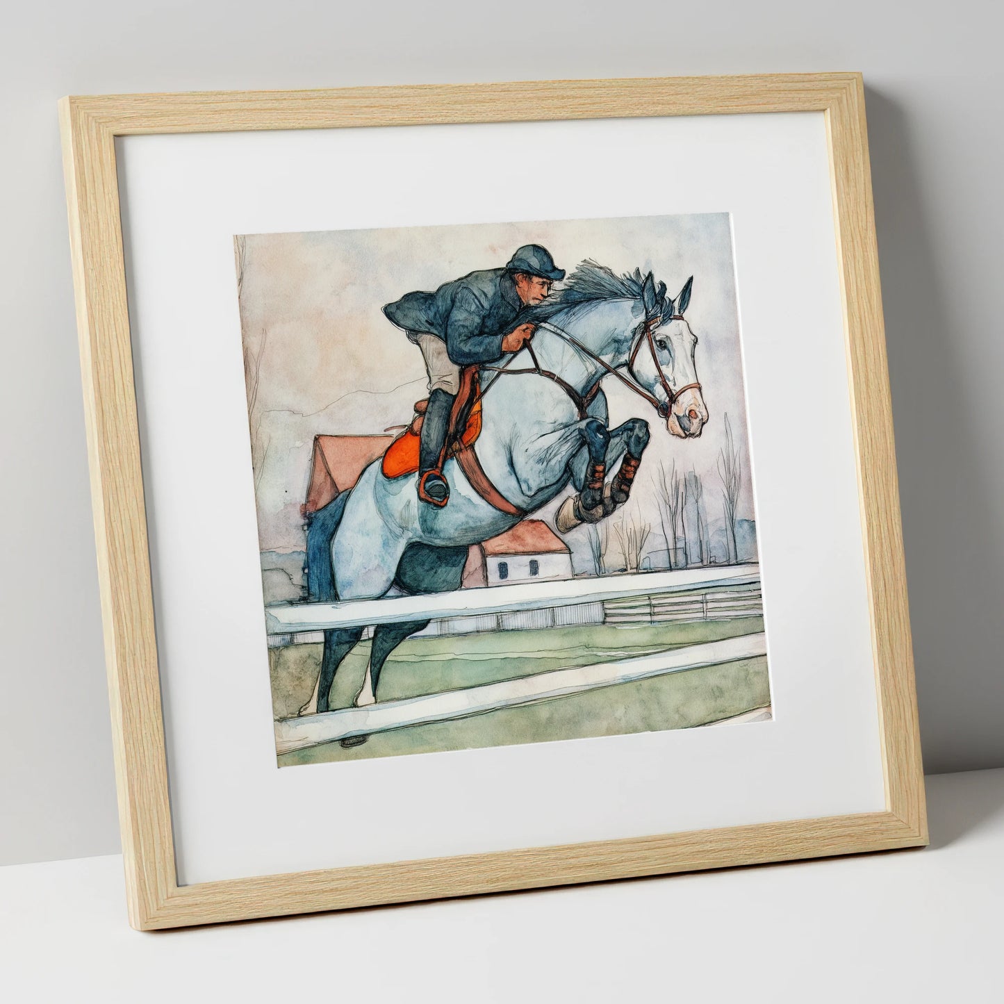 Clearing the Rails show jumping horse art print in natural frame